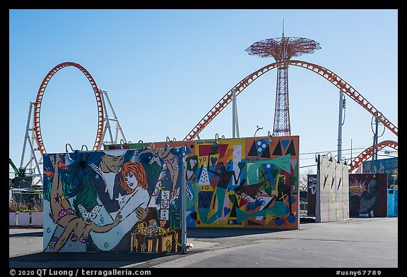 Murals and roller coaster, Coney Island. New York, USA (color)