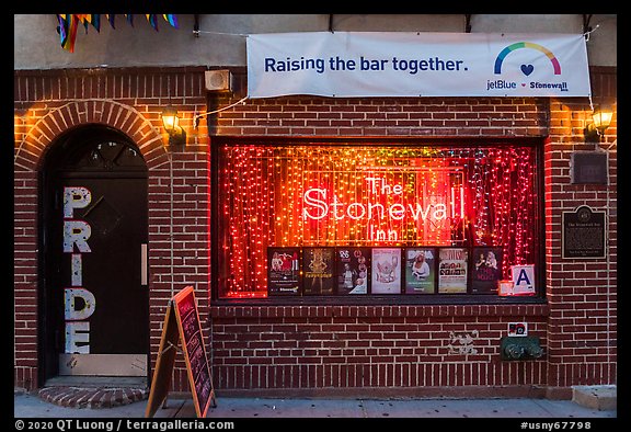 Stonewall Inn facade at dusk, Stonewall National Monument. NYC, New York, USA