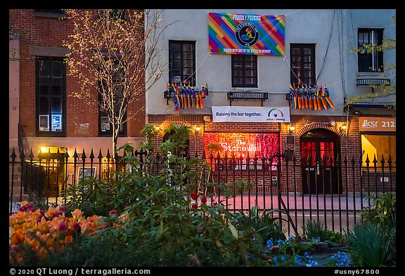 19th century fence of Christopher Park and and Stonewall Inn, Stonewall National Monument. NYC, New York, USA (color)