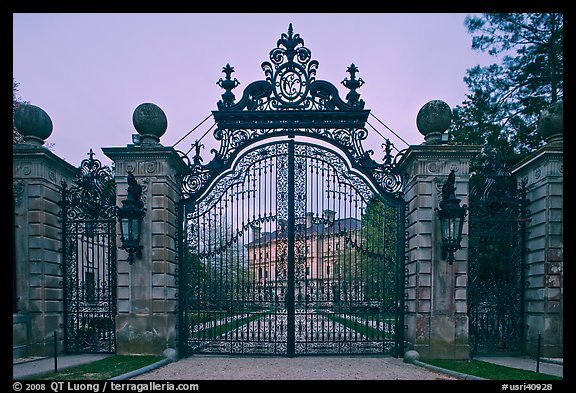 Entrance gate of the Breakers mansion at dusk. Newport, Rhode Island, USA