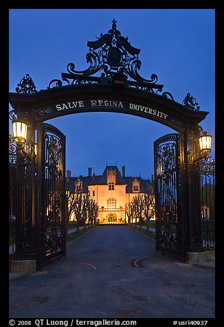 Entrance gate and Salve Regina University at night. Newport, Rhode Island, USA