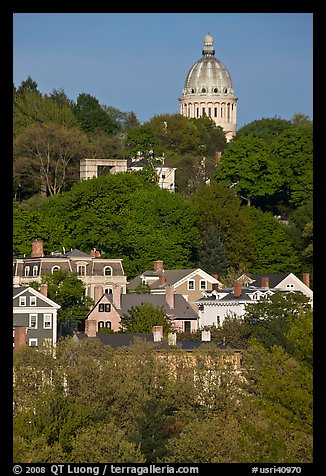 Forested hill, houses and dome. Providence, Rhode Island, USA