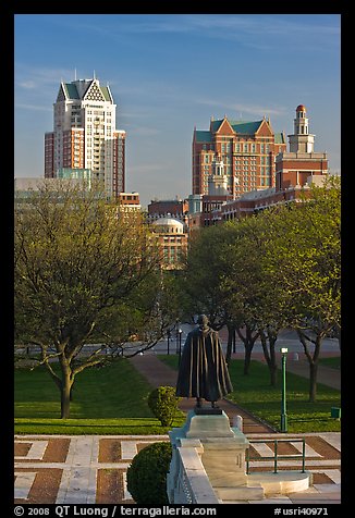 Statue of State House grounds and downtown buildings. Providence, Rhode Island, USA