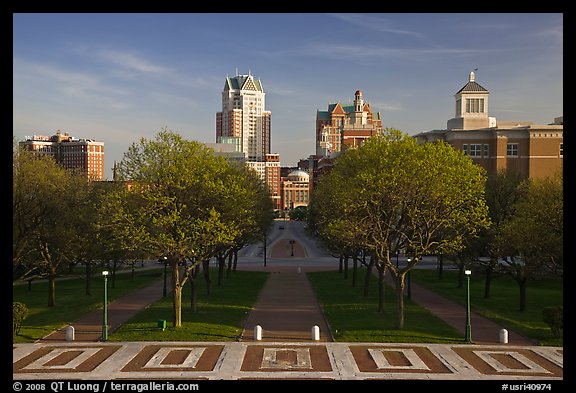 Gardens of State House and downtown high-rise buildings. Providence, Rhode Island, USA