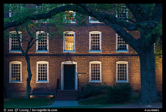 Tree and brick building at dusk, Brown University. Providence, Rhode Island, USA