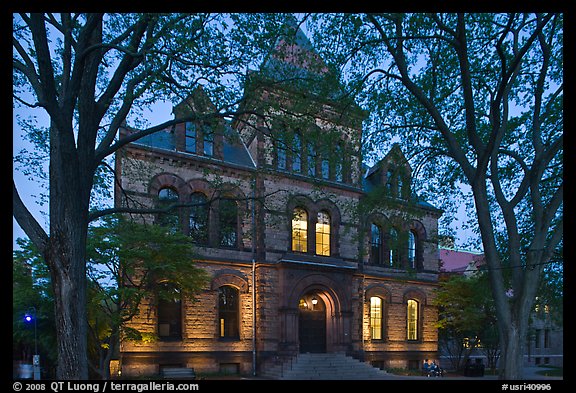 Sayles Hall framed by trees at dusk, Brown University. Providence, Rhode Island, USA (color)