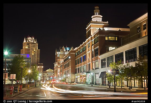 Street in downtown at night. Providence, Rhode Island, USA
