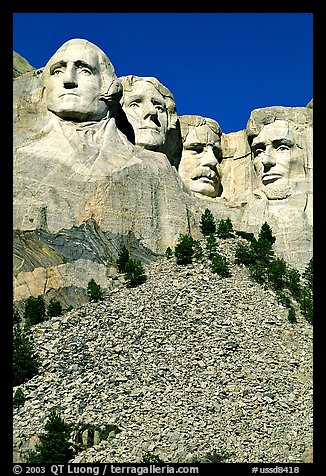 Faces of Four US Presidents carved in stone, Mt Rushmore National Memorial. South Dakota, USA (color)