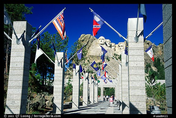Alley of the Flags, with flags from each of the 50 US states, Mt Rushmore National Memorial. South Dakota, USA