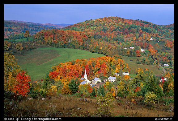 Village of East Corinth surrounded by fall colors, early morning. Vermont, New England, USA
