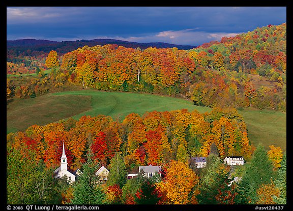 East Corinth village amongst trees in autumn color. Vermont, New England, USA