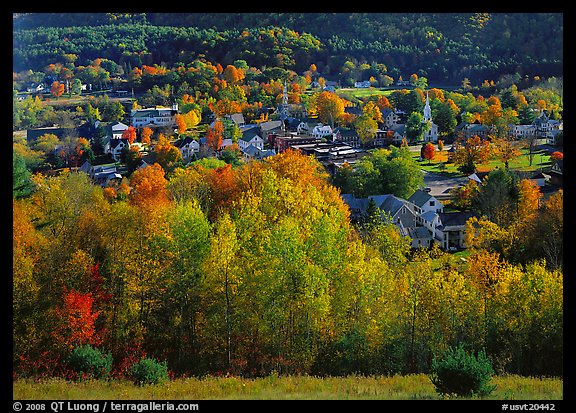 Village with trees in fall foliage. Vermont, New England, USA (color)