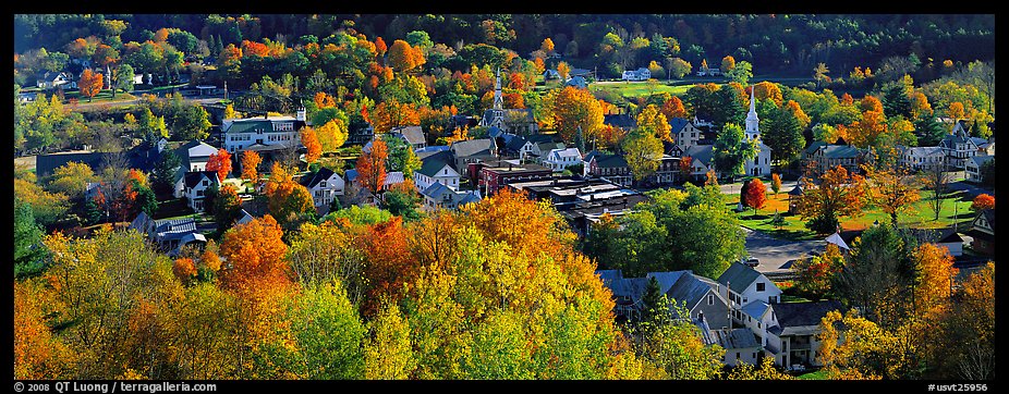 Vermont small town with trees in autumn colors. Vermont, New England, USA (color)