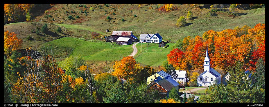Rural landscape with village and fall colors, East Corithn. Vermont, New England, USA (color)