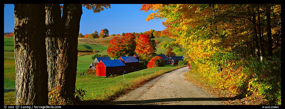 Pastoral view with road and farm in autumn. Vermont, New England, USA (color)