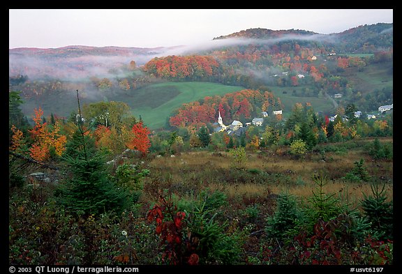 East Corinth village in fall with morning fog. Vermont, New England, USA (color)
