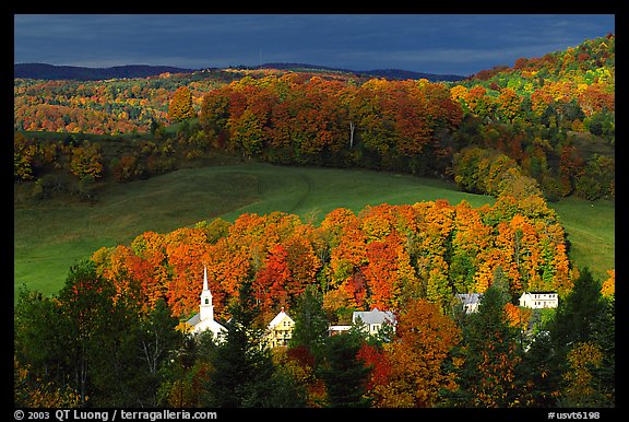 Church and houses in fall, East Corinth. Vermont, New England, USA
