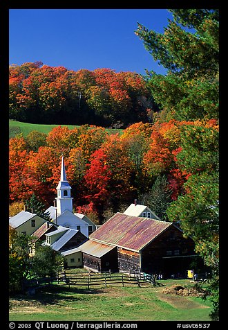 Church and barn,  East Corinth. Vermont, New England, USA (color)