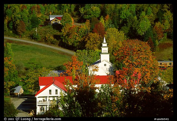 Red roofs in East Topsham village. Vermont, New England, USA