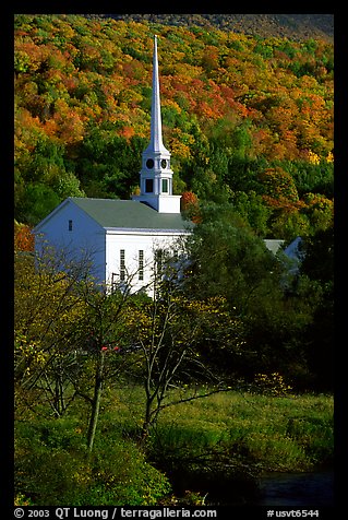 White steepled church in Stowe. Vermont, New England, USA (color)