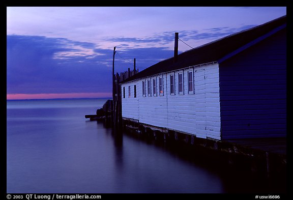 Wharf building in Lake Superior at dusk, Apostle Islands National Lakeshore. Wisconsin, USA