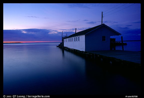 Lake Superior and wharf at dusk, Apostle Islands National Lakeshore. Wisconsin, USA