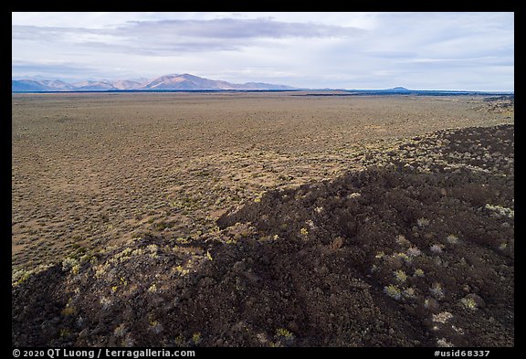 Aerial view of Little Park higher land surrouned by lava. Craters of the Moon National Monument and Preserve, Idaho, USA