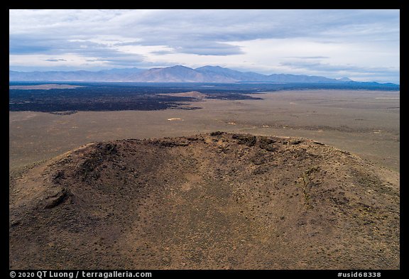 Aerial view of Big Blowout Butte vent area of shield volcano. Craters of the Moon National Monument and Preserve, Idaho, USA (color)