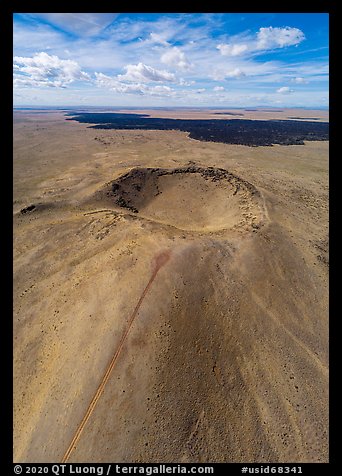 Aerial view of Bear Den Butte cinder cone. Craters of the Moon National Monument and Preserve, Idaho, USA (color)