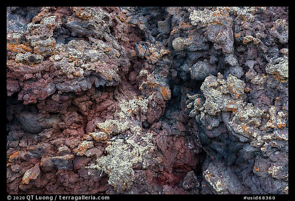 Close-up of lava with rich colors, augmented by green and orange lichen. Craters of the Moon National Monument and Preserve, Idaho, USA