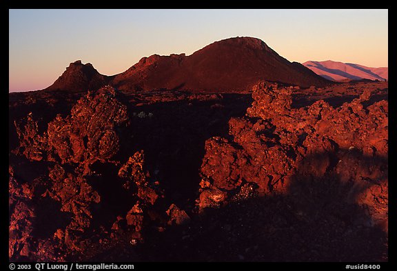 Cinder crags and cones, sunrise. Craters of the Moon National Monument and Preserve, Idaho, USA (color)
