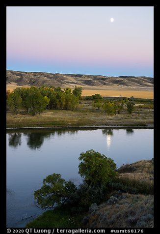 Moon reflected in Missouri River, Decision Point. Upper Missouri River Breaks National Monument, Montana, USA (color)