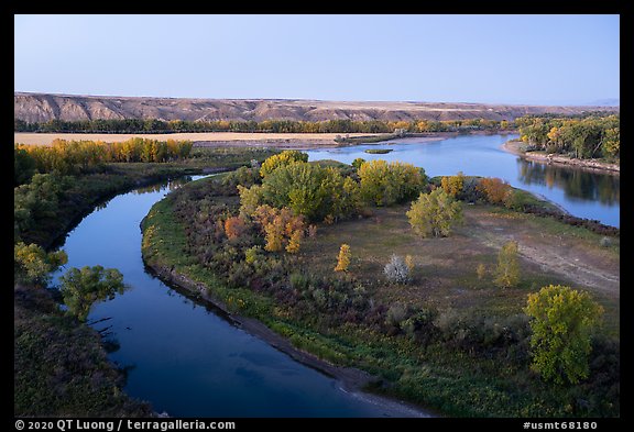 Confluence of the Marias and Missouri Rivers at Decision Point, dusk. Upper Missouri River Breaks National Monument, Montana, USA (color)
