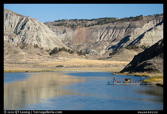 McClelland Stafford Ferry, River, and badlands. Upper Missouri River Breaks National Monument, Montana, USA