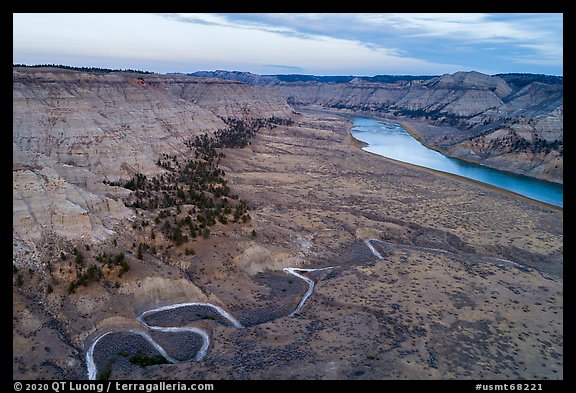 Aerial view of creek meanders and Missouri River valley. Upper Missouri River Breaks National Monument, Montana, USA