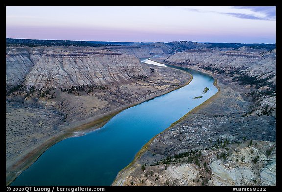 Aerial view of Missouri River surrounded by rugged badlands. Upper Missouri River Breaks National Monument, Montana, USA