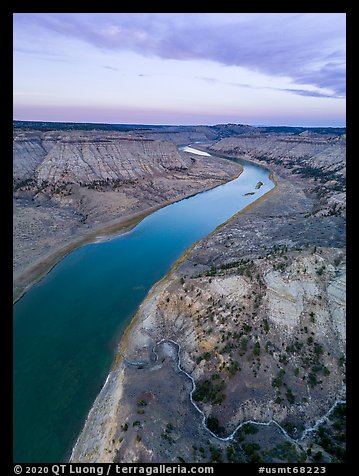 Aerial view of badlands and Missouri River. Upper Missouri River Breaks National Monument, Montana, USA (color)