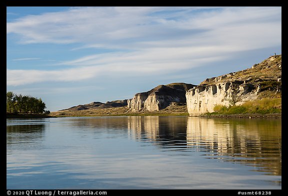 White cliffs of sandstone on river edge. Upper Missouri River Breaks National Monument, Montana, USA (color)