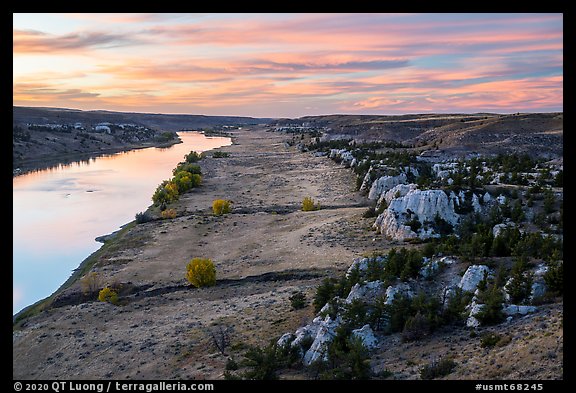 Sandstone cliffs and river from above at sunset. Upper Missouri River Breaks National Monument, Montana, USA