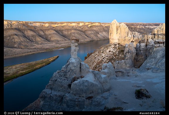 Rock pinnacles and river at dusk. Upper Missouri River Breaks National Monument, Montana, USA
