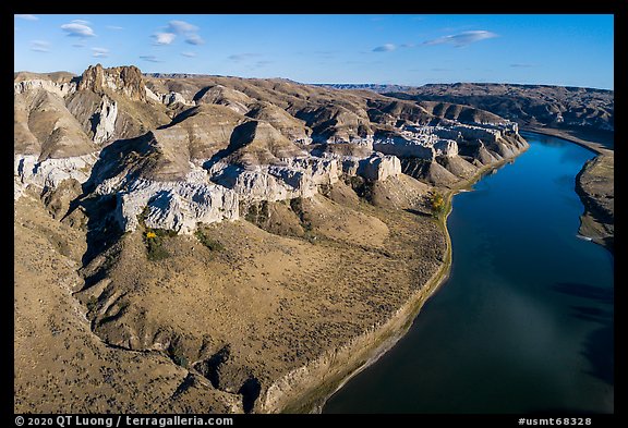 Aerial view of Dark Butte, cliffs, and river. Upper Missouri River Breaks National Monument, Montana, USA (color)