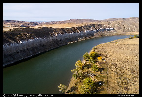 Aerial view of Slaughter River Camp and  cliffs. Upper Missouri River Breaks National Monument, Montana, USA