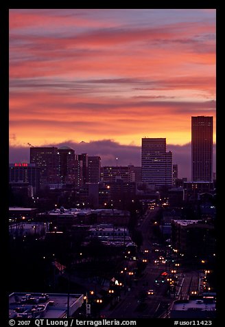 Skyline and bright sky at sunrise. Portland, Oregon, USA