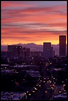 Skyline and bright sky at sunrise. Portland, Oregon, USA (color)