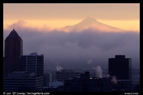 High rise buildings and Mt Hood at sunrise. Portland, Oregon, USA