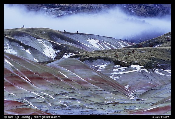 Painted hills with snow and fog. John Day Fossils Bed National Monument, Oregon, USA (color)