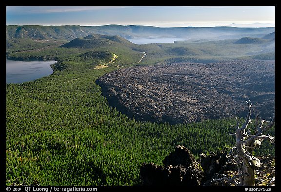 Lakes and lava flow, early morning. Newberry Volcanic National Monument, Oregon, USA