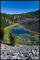 Pond at the edge of big obsidian flow. Newberry Volcanic National Monument, Oregon, USA