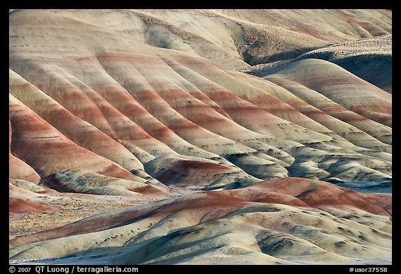 Colorful layers of rock on eroded hills. John Day Fossils Bed National Monument, Oregon, USA (color)