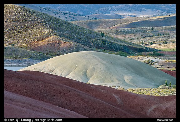 Bare ash mounds and sagebrush-covered slopes. John Day Fossils Bed National Monument, Oregon, USA (color)